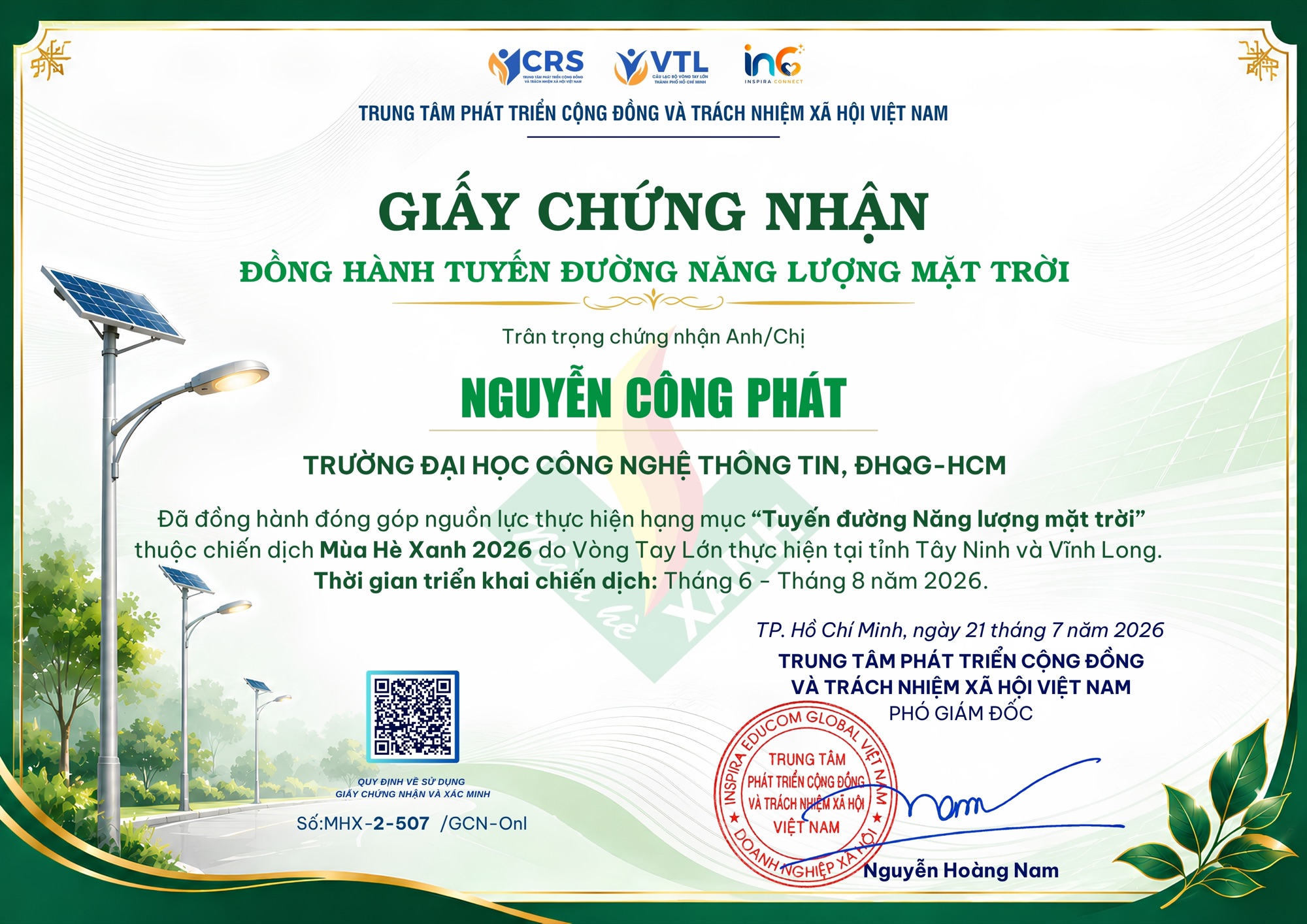 Vòng Tay Lớn Solar Road Certificate