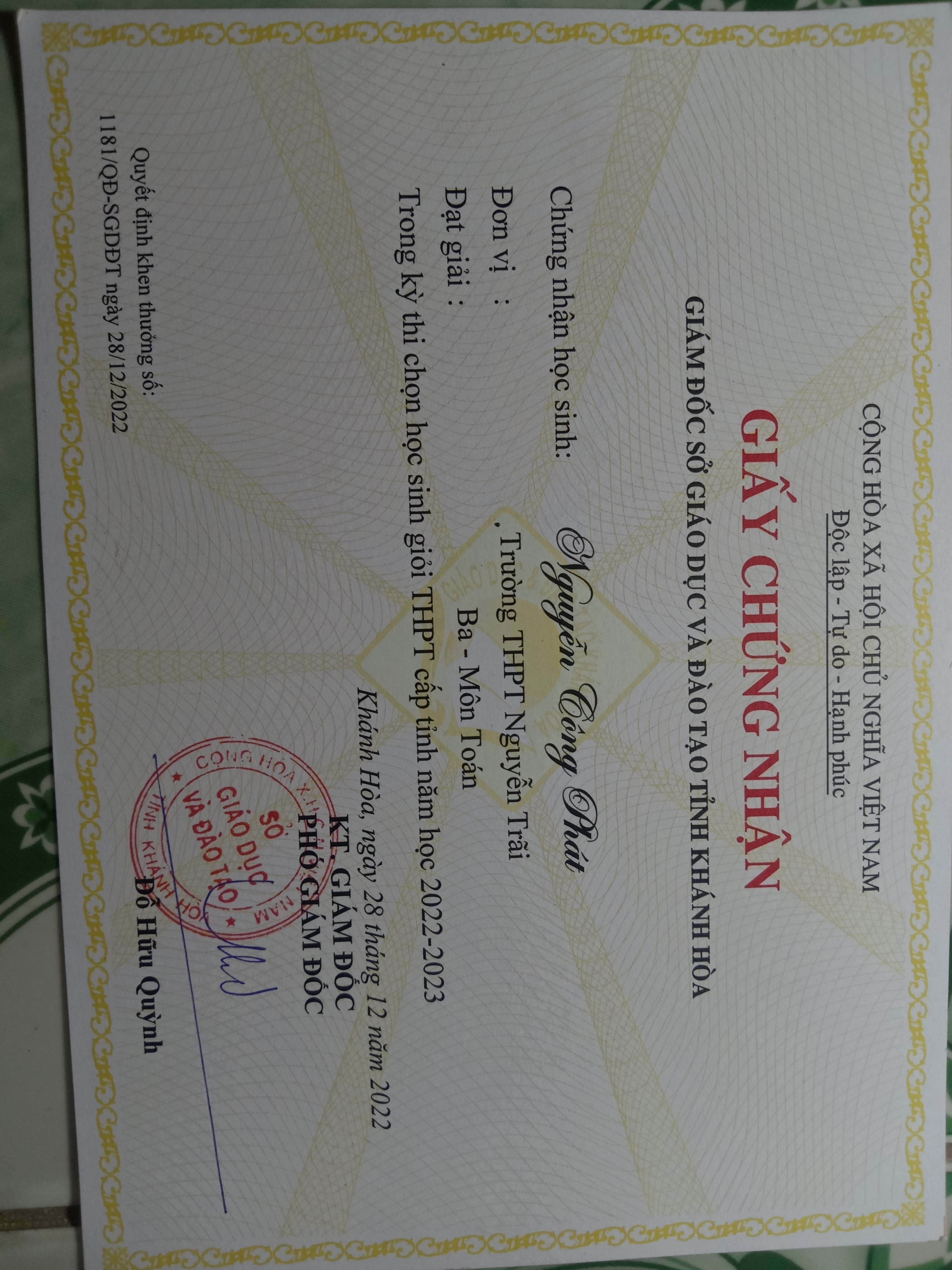 Provincial Math Olympiad - Third Prize (2022)